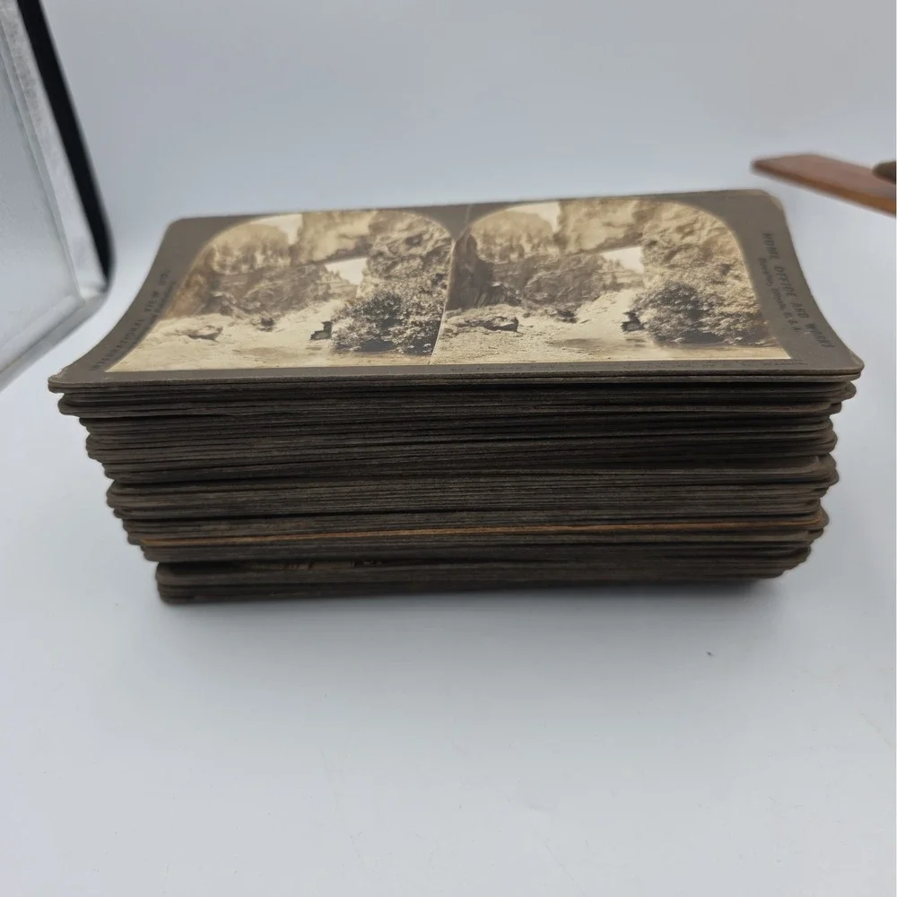 Antique Underwood Stereoscope Viewer Metal Wood and 60 Stereoview Sepia Cards